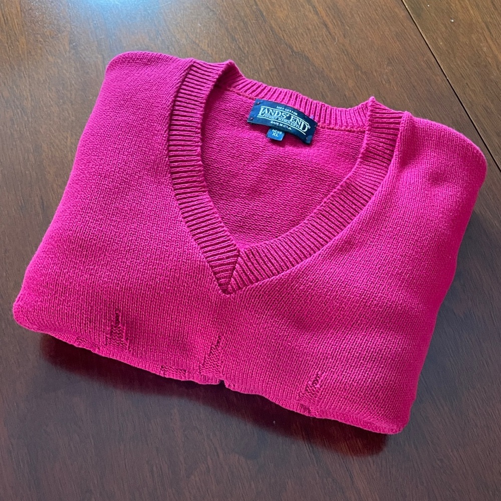 Lands End V-Neck Sweater in XL Red HOT Pink color | Made in USA | 80s 90s